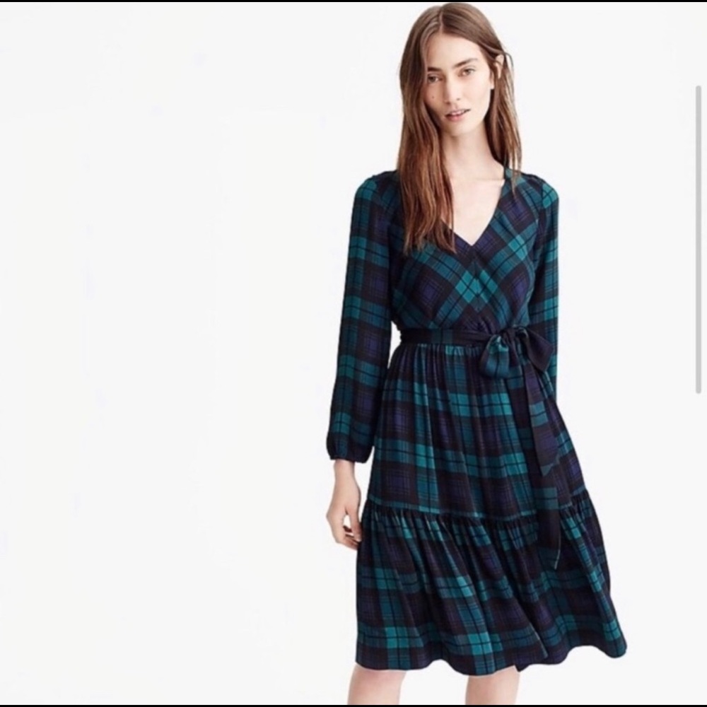 J.Crew Drapey Long-Sleeve Dress Black Watch Plaid